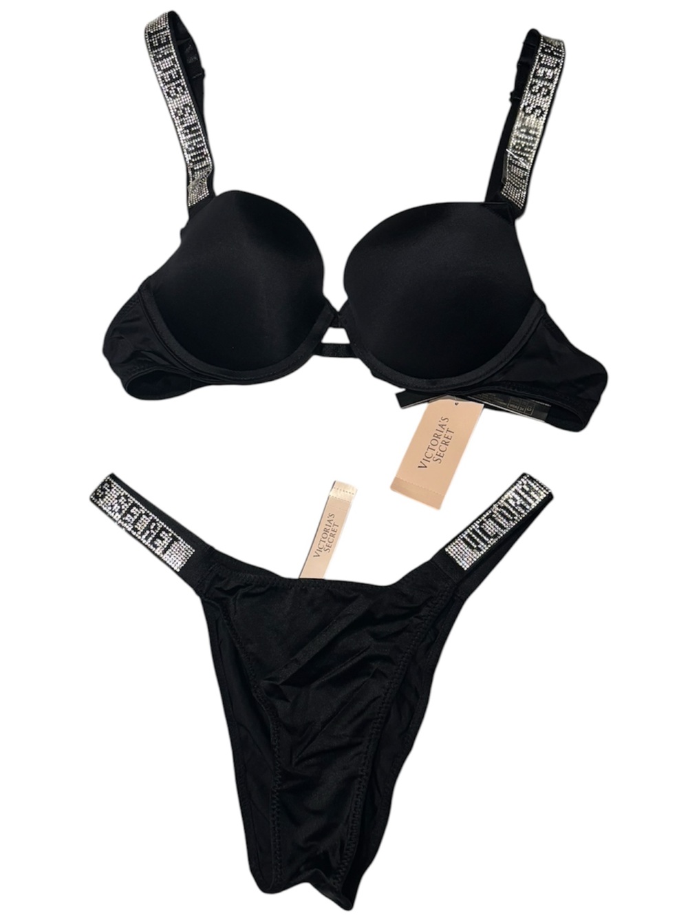 NWT Victoria’s Secret Shine Strap Push up Bra and Panty Set in Black